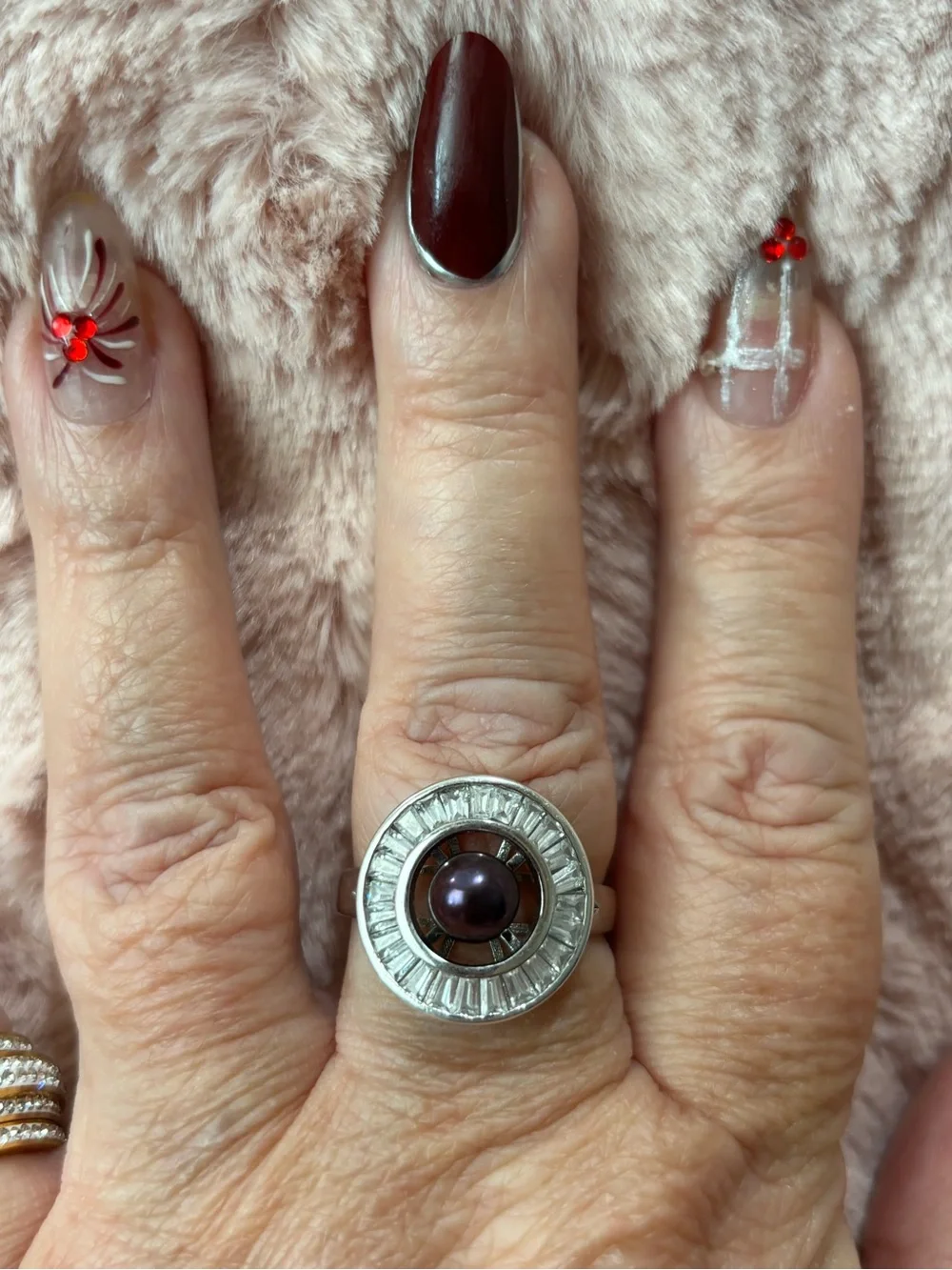 925 sterling silver Elegant deep purple real Pearl Halo Ring